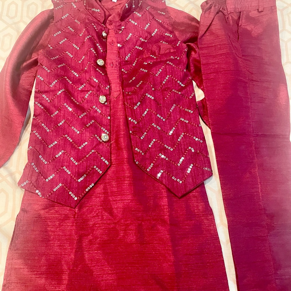 Boys red Sequin Embellished Kurta Set